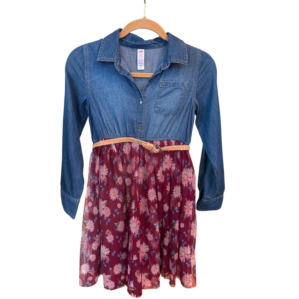 Justice Girls Denim Floral Shirt Dress With Belt Size 10 long sleeve Valentine's